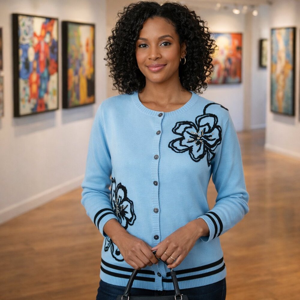 Koos Of Course Embroidered Floral Cardigan Sweater Blue Size XS